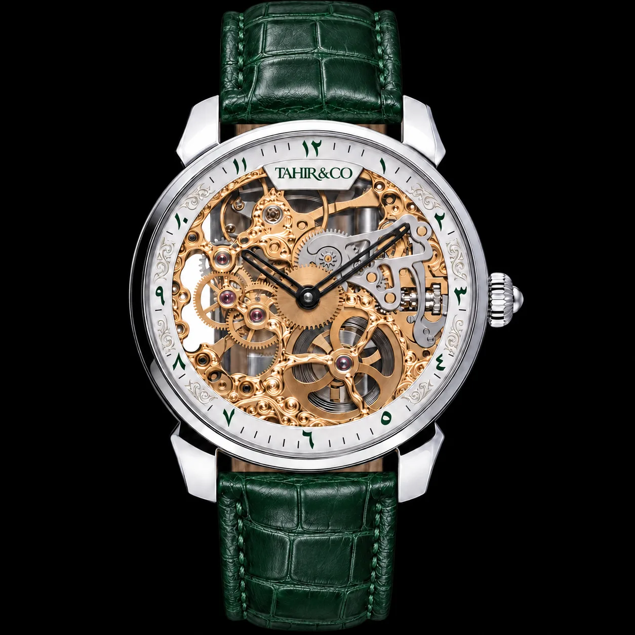 Front of the TAHIR & CO skeleton watch: open gold movement, white chapter ring with green Arabic numerals, green alligator strap